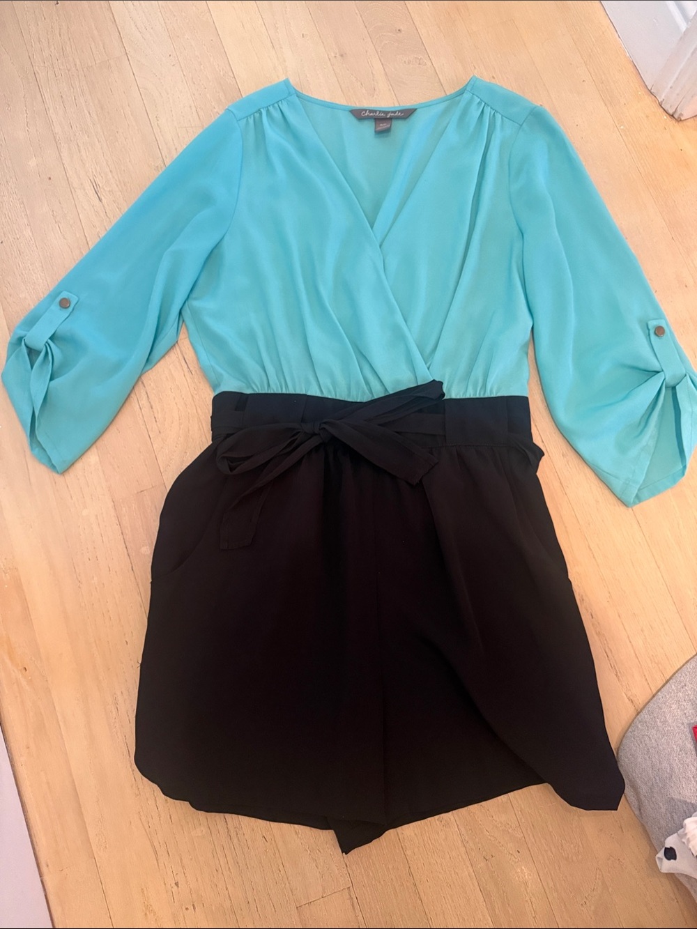 Charlie Jade Teal Top wwith Black High-Waist Shorts Romper